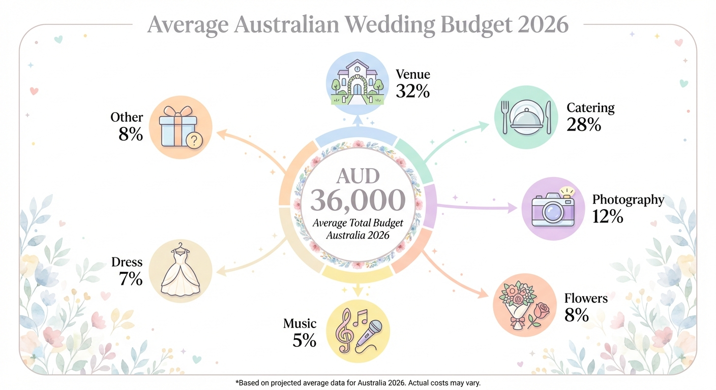 Australian wedding budget breakdown infographic: $36,000 average surrounded by category icons — Venue 32%, Catering 28%, Photography 12%, Flowers 8%, Music 5%, Dress 7%, Other 8%