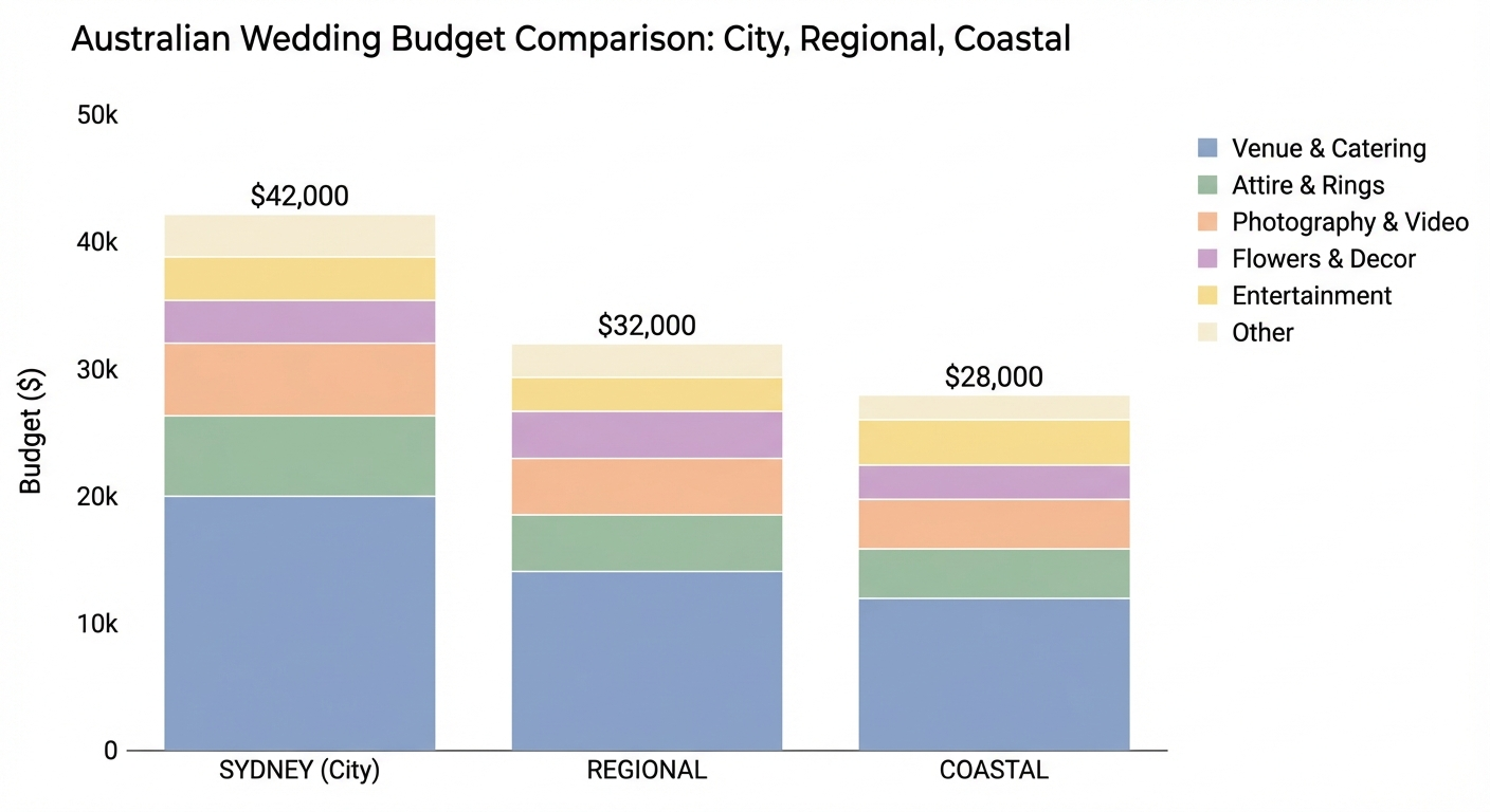 Side-by-side comparison bar chart showing city $42,000 regional $32,000 and coastal $28,000 Australian wedding budgets