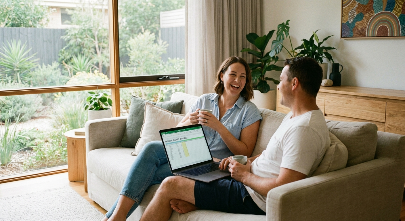 Couple sitting on couch with laptop showing wedding budget spreadsheet, relaxed and smiling in modern Australian living room