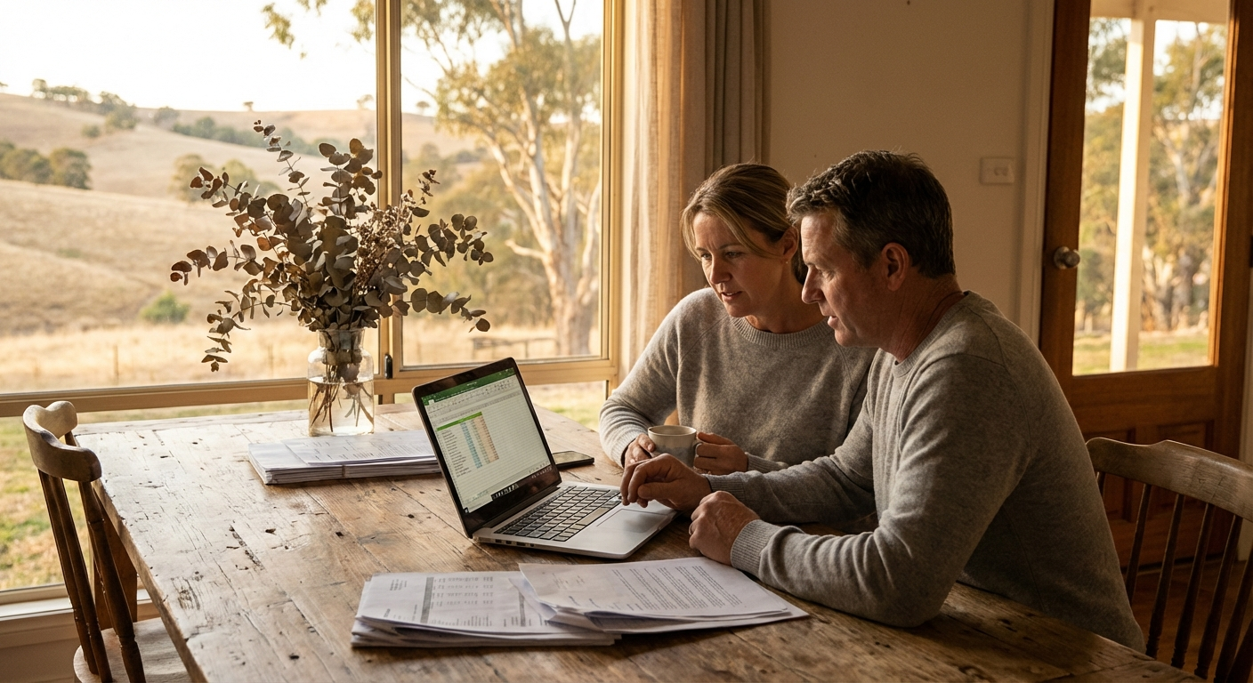 Australian couple reviewing wedding budget at farmhouse table with laptop and vendor quotes, eucalyptus centrepiece, warm afternoon light