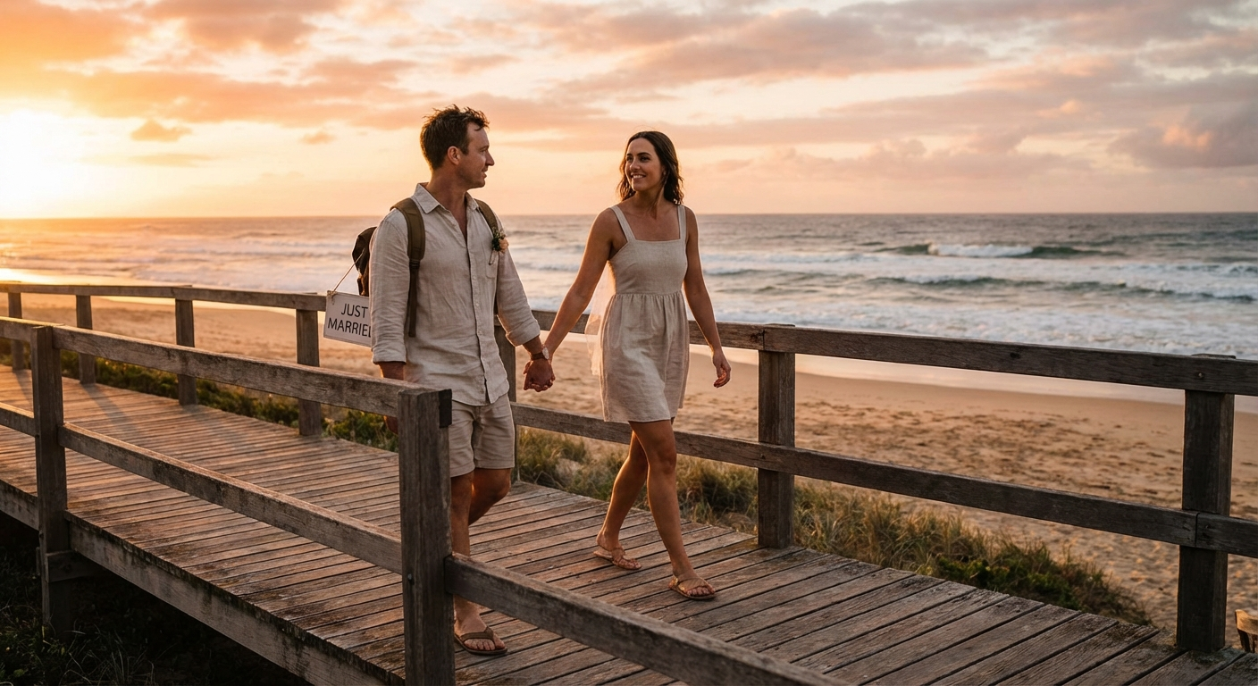 Newlywed Australian couple walking hand-in-hand along beach boardwalk at sunset, casual relaxed post-wedding