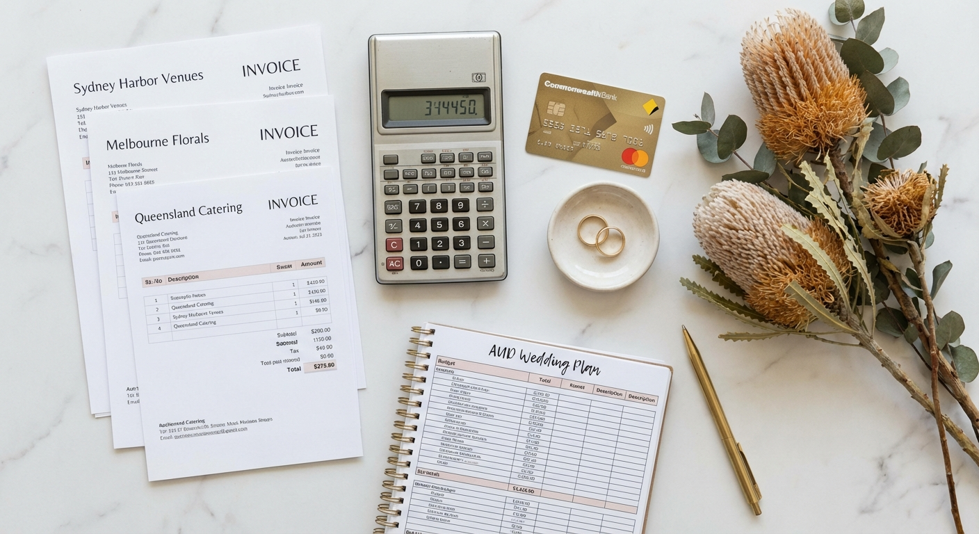 Flat-lay of Australian wedding budget planning items — invoices, calculator, credit card, wedding rings, dried flowers, pen on marble surface