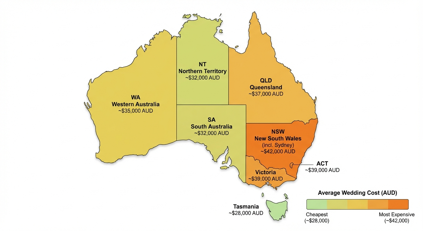Map of Australia showing average wedding cost by state — color-coded from green cheapest Tasmania $28,000 to deep orange most expensive Sydney $42,000