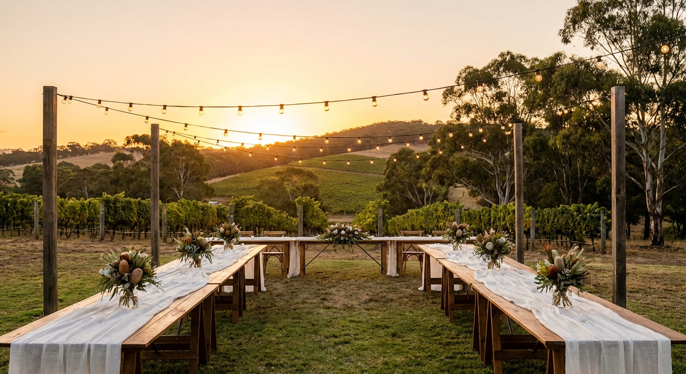 Beautiful Australian vineyard wedding venue with long linen tables, fairy lights, and sunset backdrop