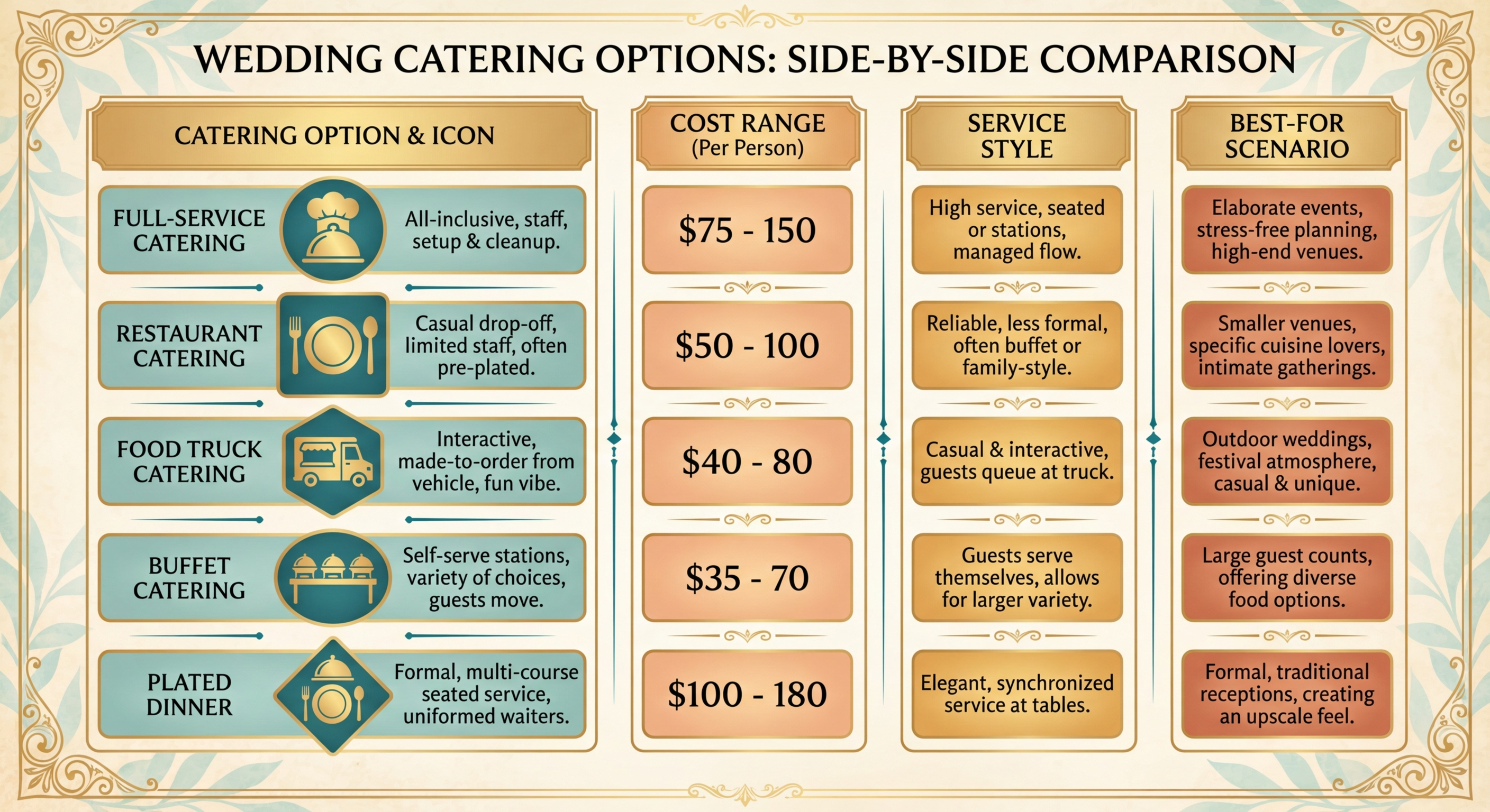 Catering options comparison showing all 5 service types