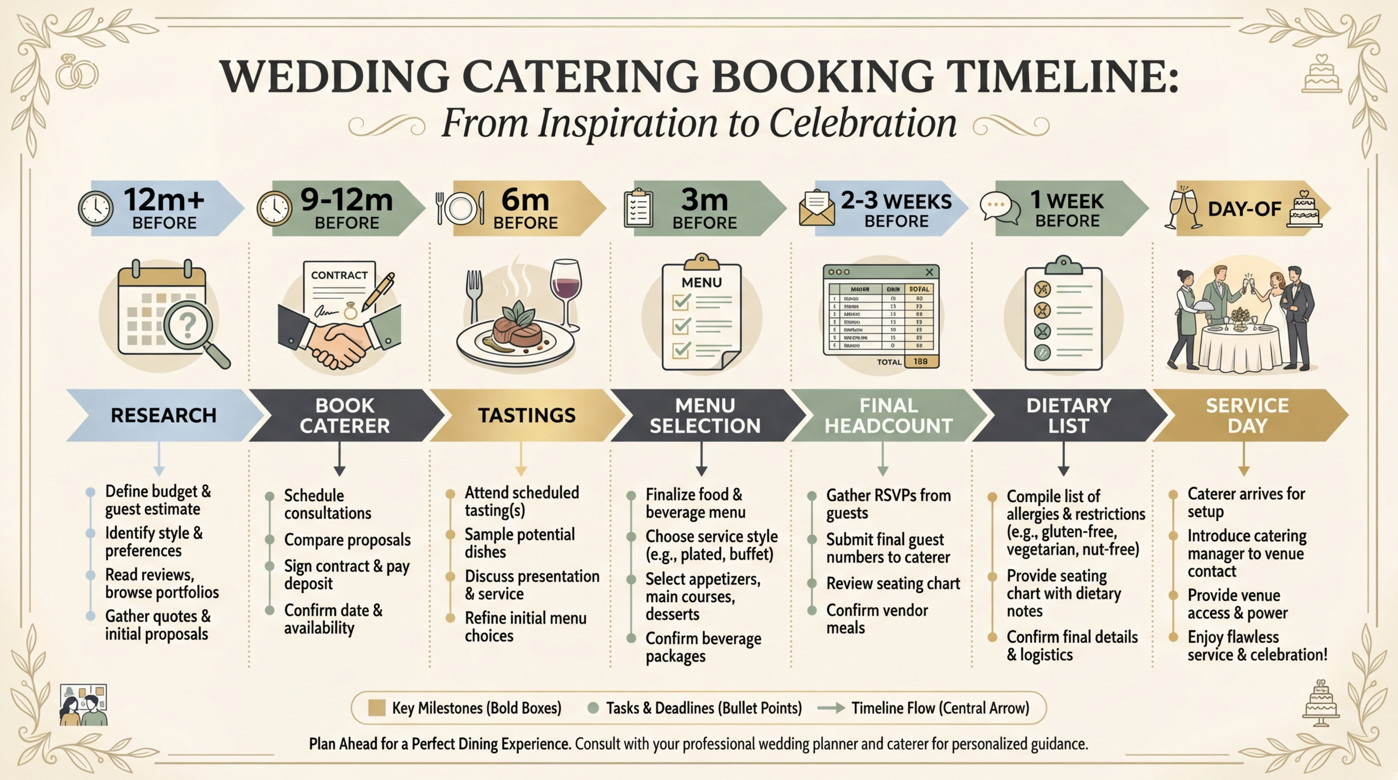 Wedding catering booking timeline from 12+ months before to day-of