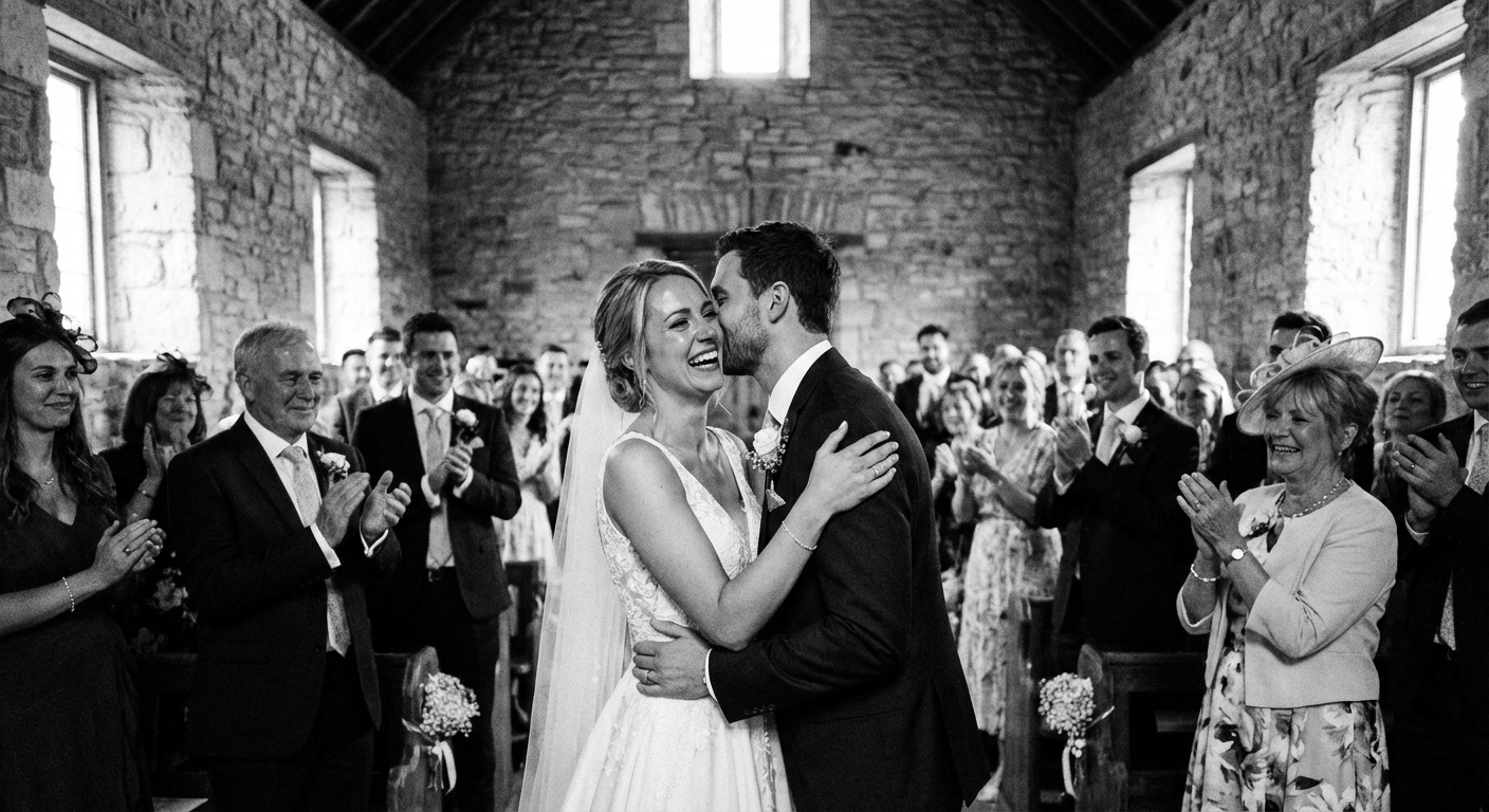 A candid photojournalistic shot of wedding guests laughing during the ceremony
