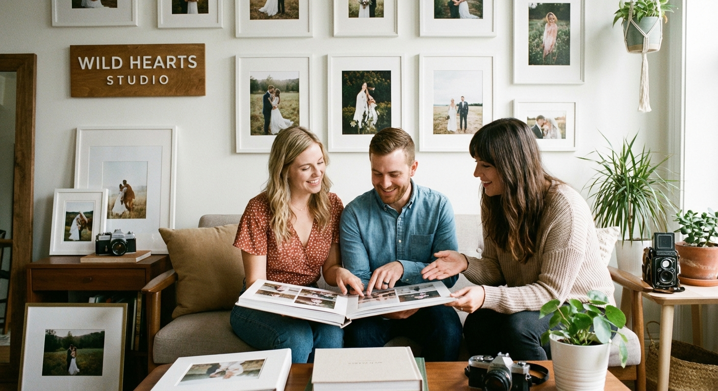 A couple reviewing wedding photography portfolios on a laptop during a consultation meeting