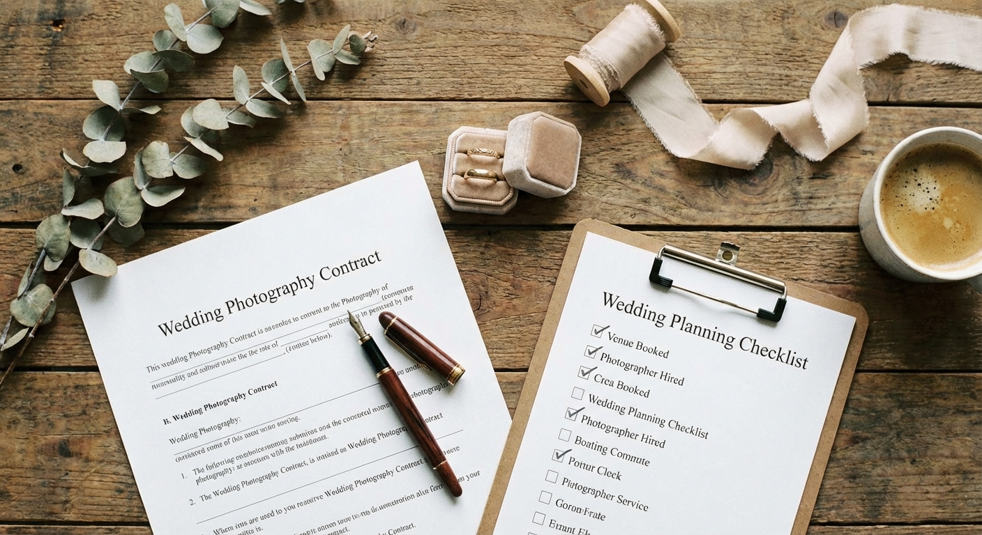 A flat lay of a wedding photography contract with pen and planning materials on a desk
