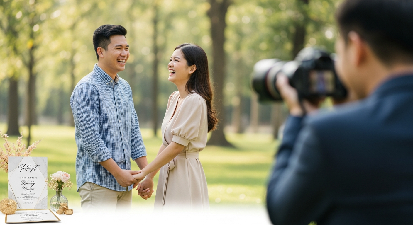 A couple during their engagement photo session at a scenic outdoor location with autumn foliage