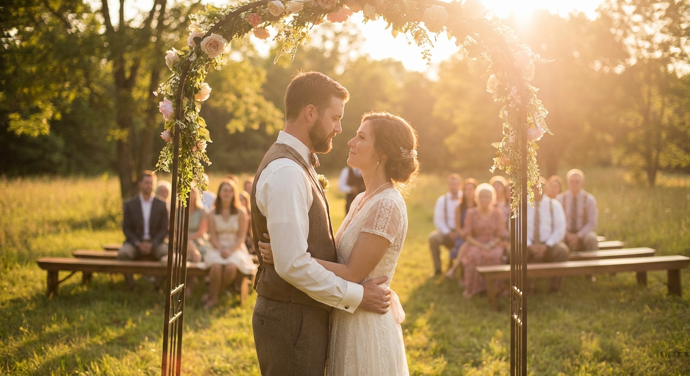 A bride and groom laughing together during golden hour portraits with natural bokeh background