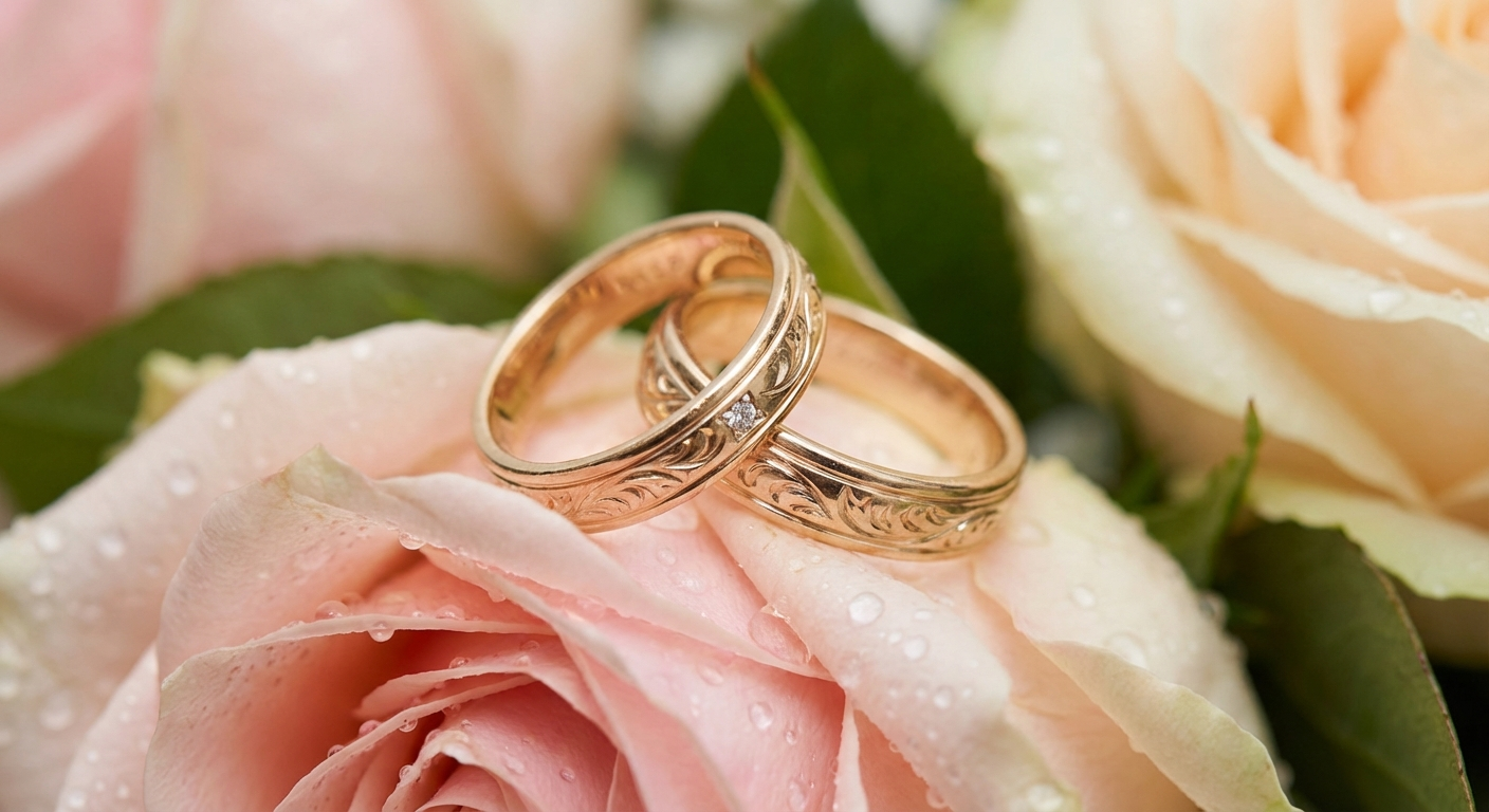 A close-up detail shot of wedding rings on a vintage book with soft natural lighting