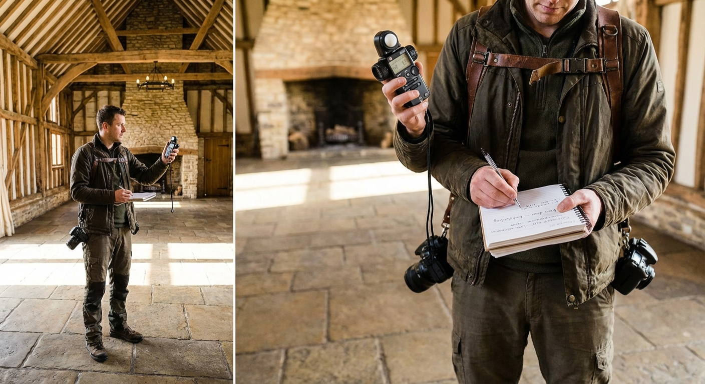 A photographer scouting portrait locations at an outdoor wedding venue during golden hour