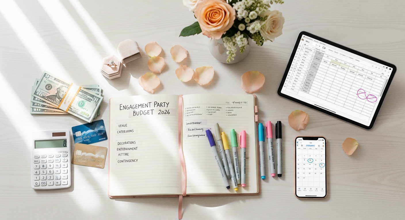 Couple planning their engagement party budget together with laptop and notebooks
