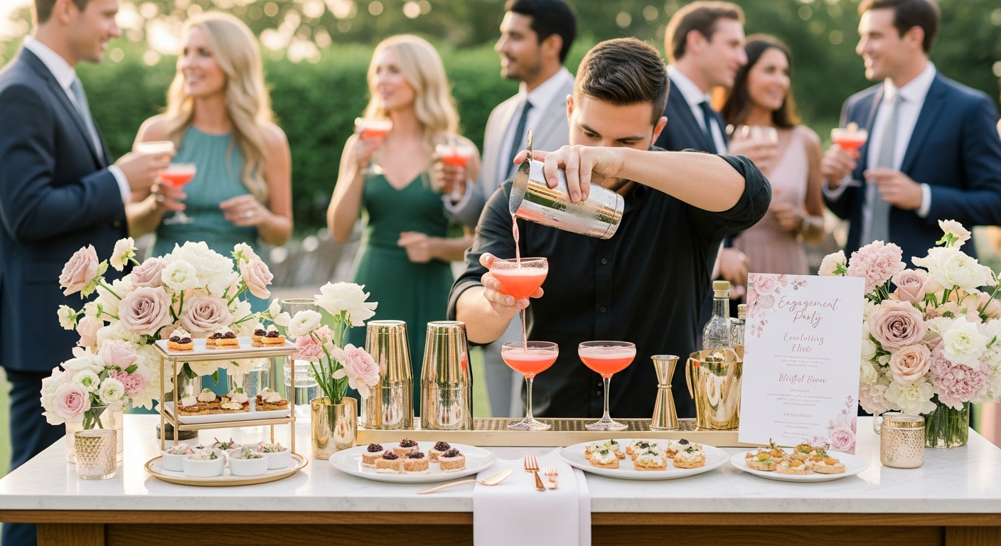 Engagement party cocktail bar with signature drinks and custom menu sign