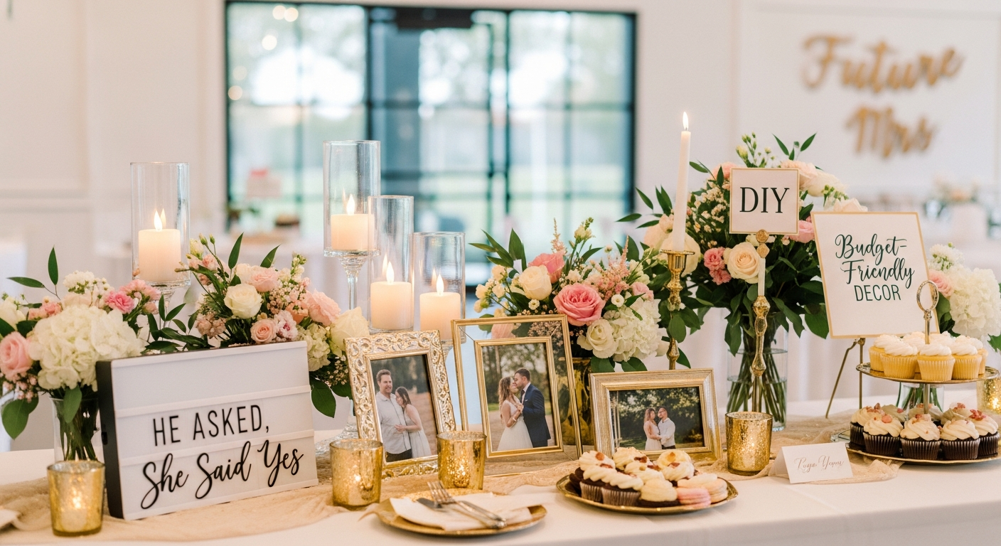 Gold and white balloon arch with fresh flowers and congratulations banner at engagement party