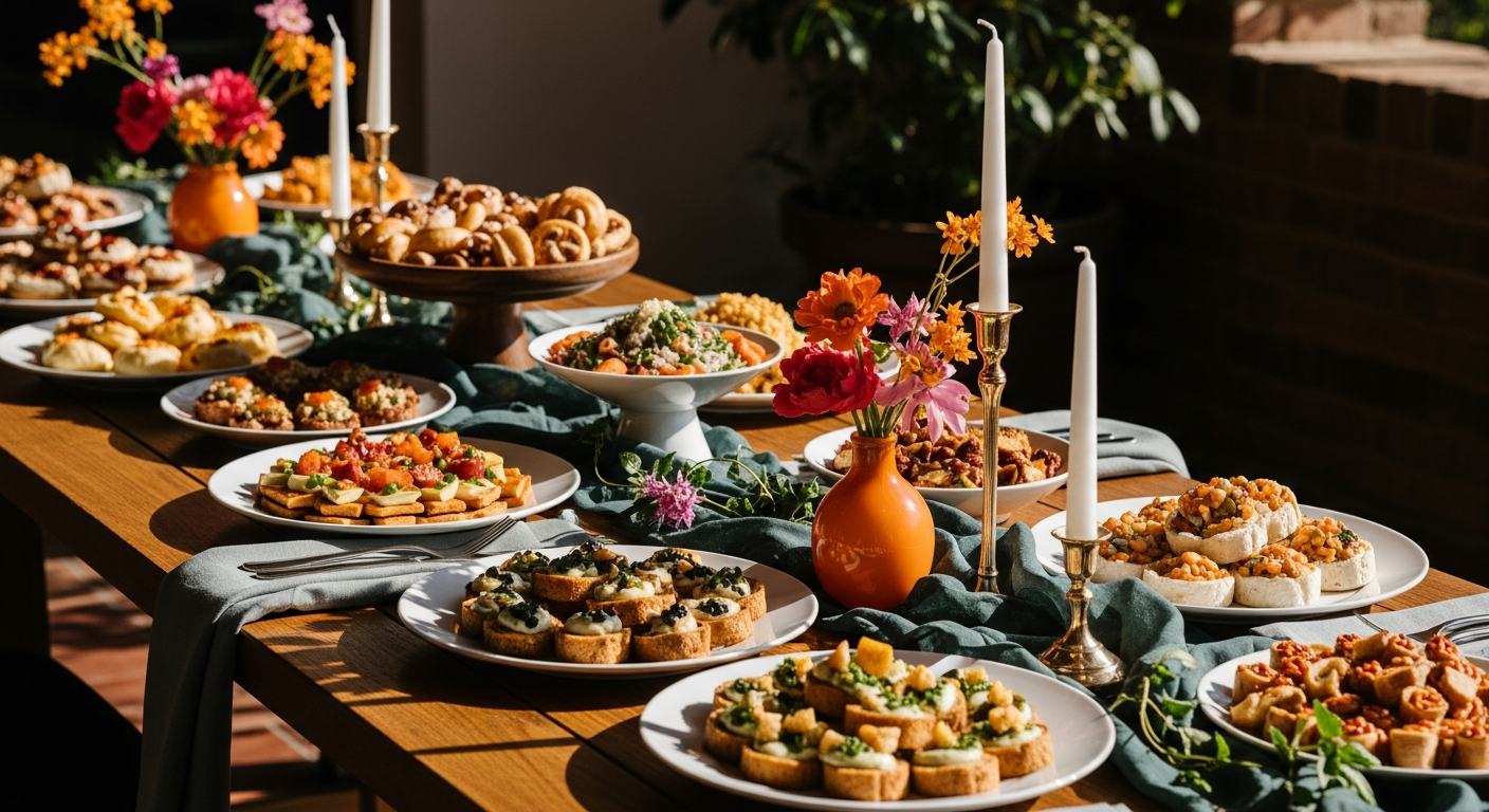 Elegant engagement party food spread with charcuterie board, appetizers, and champagne