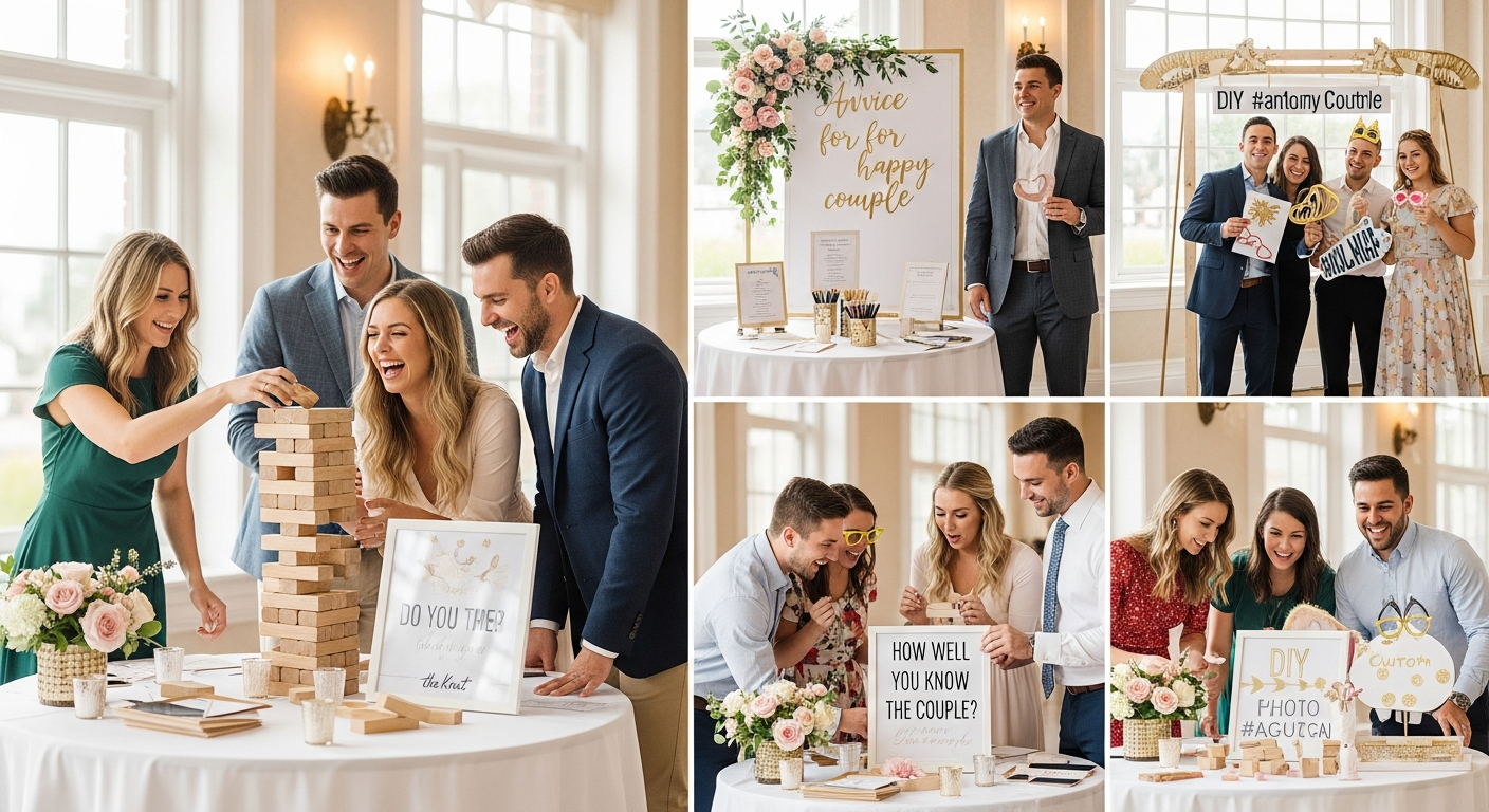 Engaged couple playing fun party games with friends at their engagement celebration