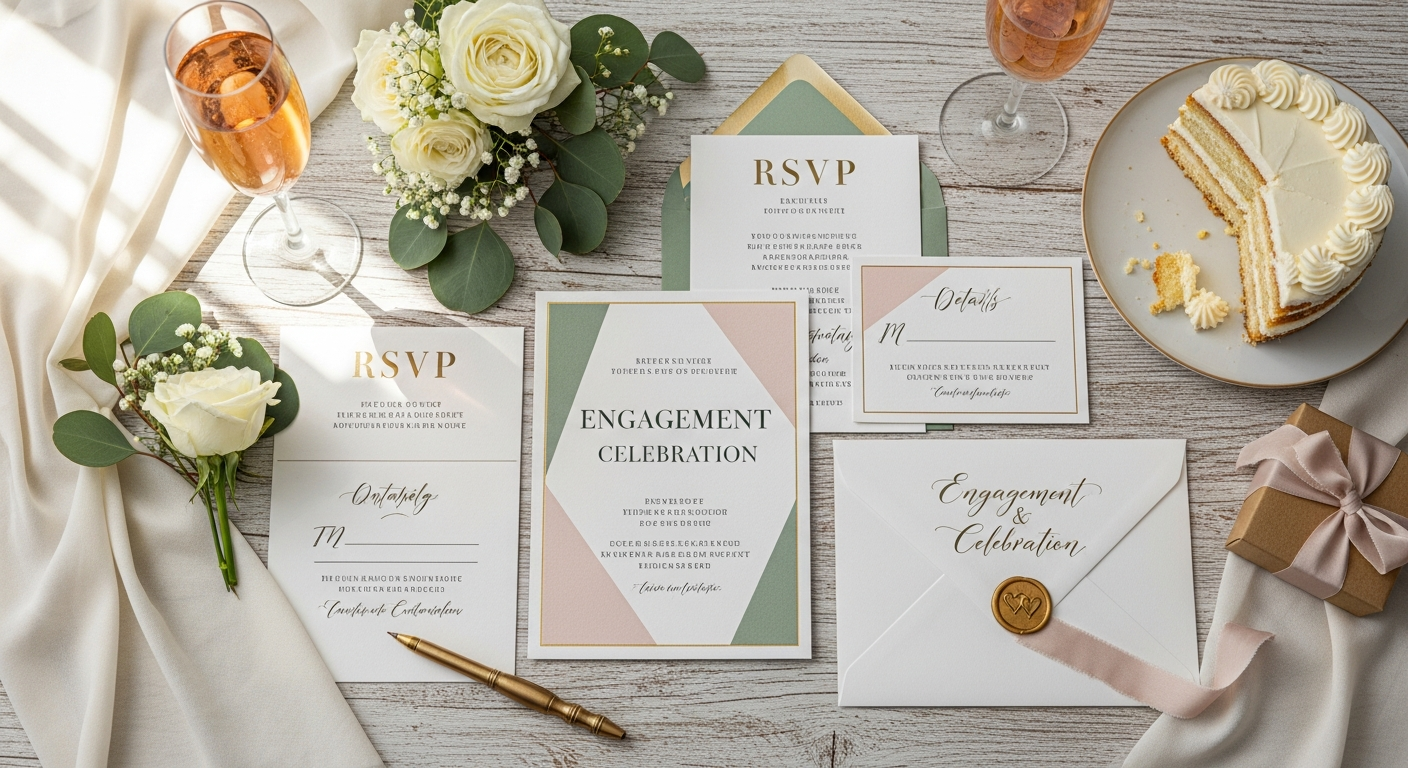 Elegant engagement party invitations with gold foil details on marble surface