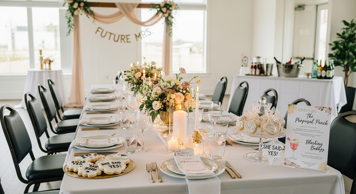 Beautifully decorated backyard engagement party venue with white tables and string lights