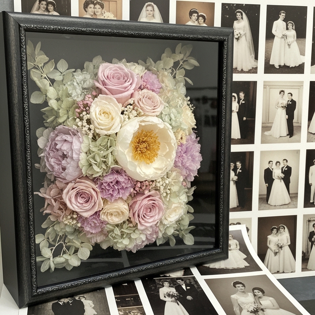 A dried and preserved wedding bouquet displayed in a shadow box frame alongside wedding photos