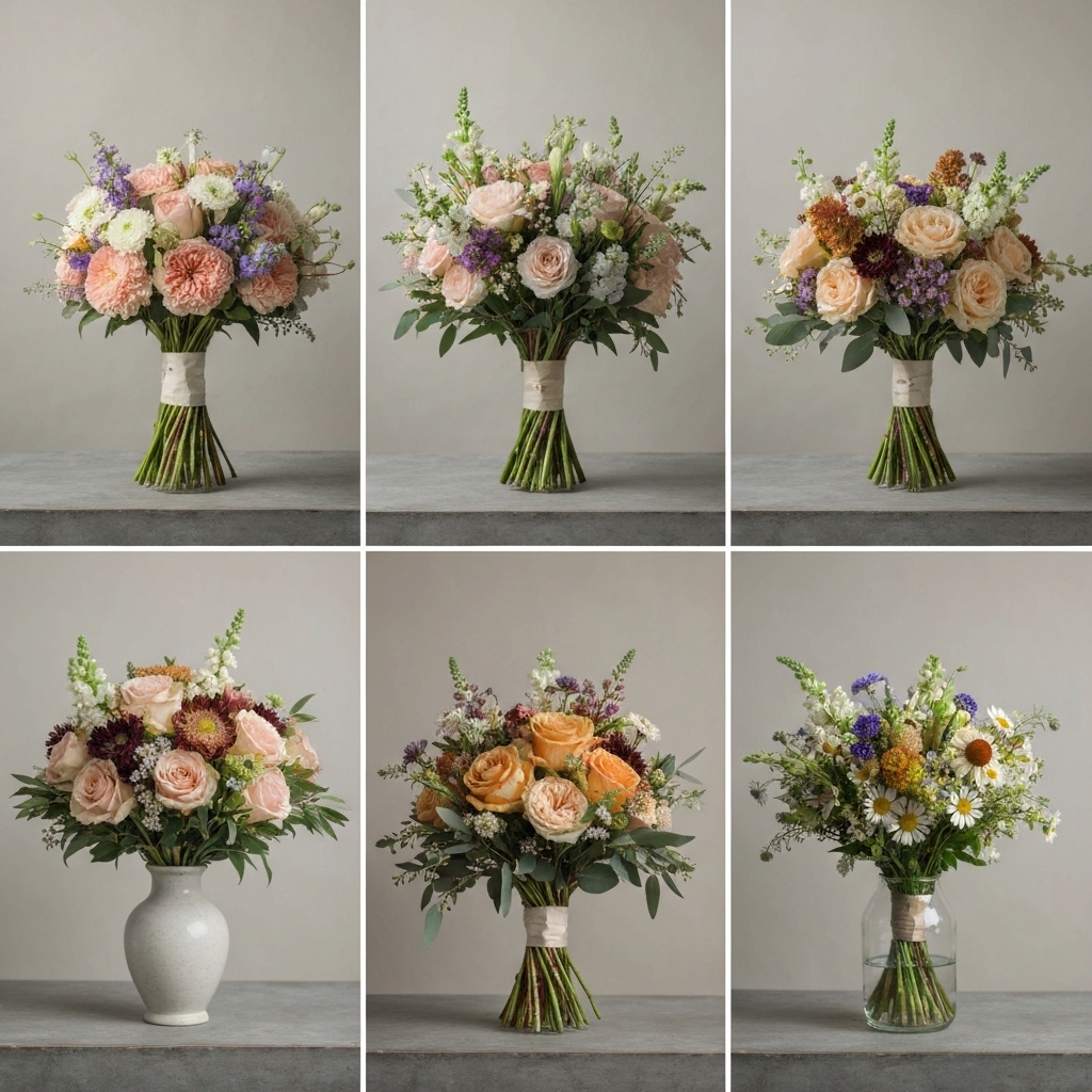 A side-by-side style guide showing six bouquet styles: round, cascade, posy, hand-tied, arm sheaf, and wildflower