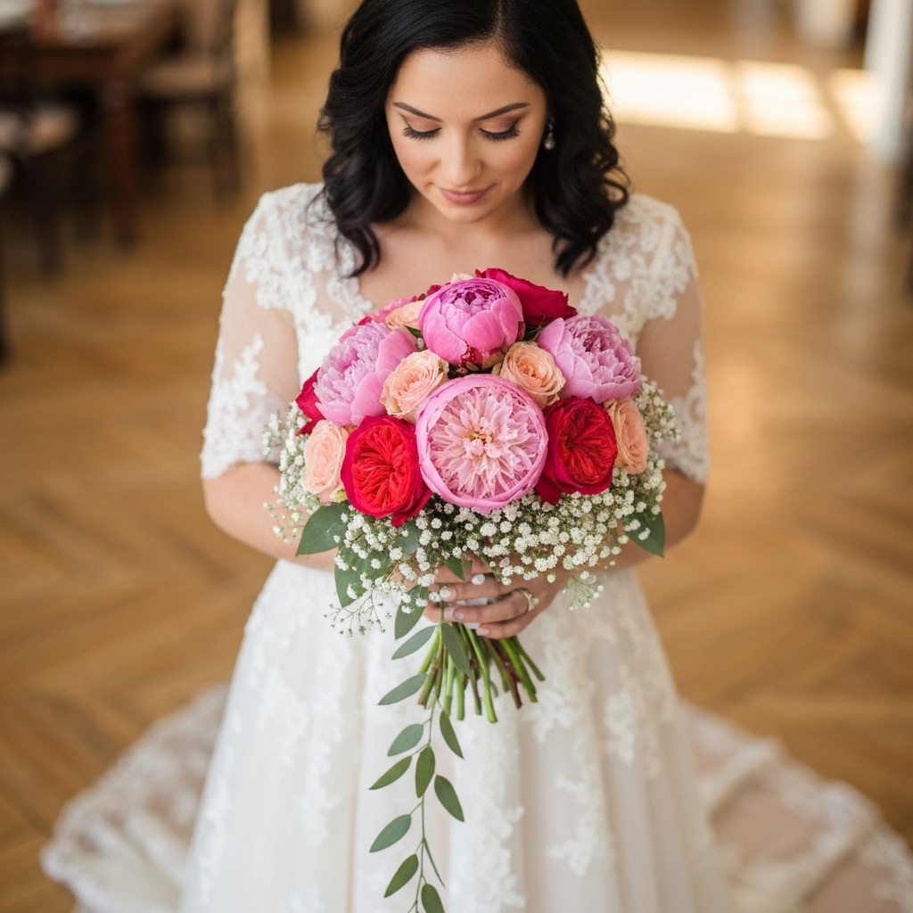 A bride holding a lush peony and garden rose bouquet with trailing greenery, photographed from above