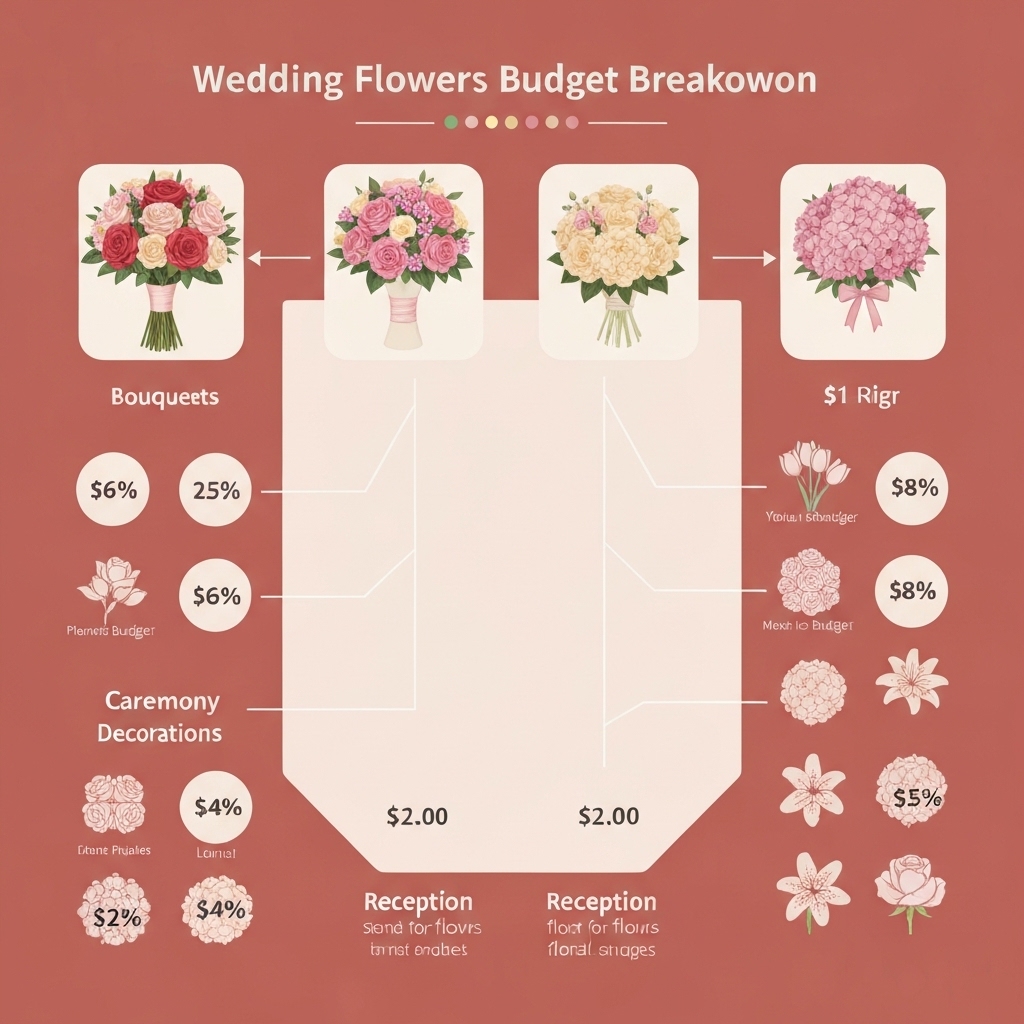 A detailed wedding flowers budget breakdown infographic showing allocation across bouquets, ceremony, and reception florals