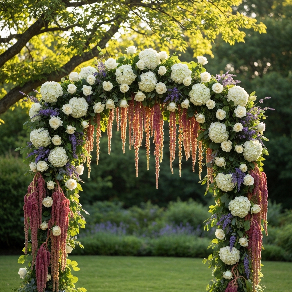 A lush floral ceremony arch made of white roses, greenery, and hanging amaranthus at an outdoor garden venue