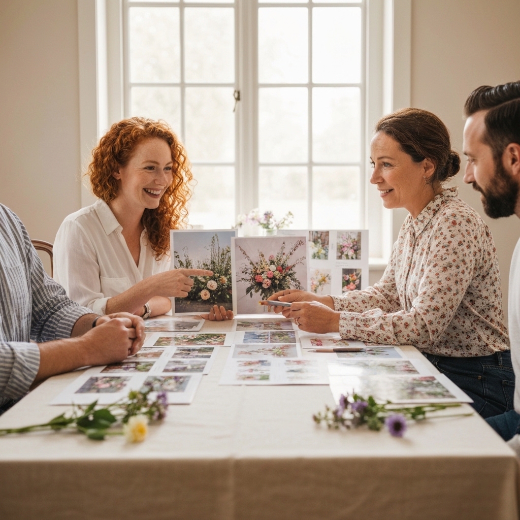 A couple sitting across from a wedding florist at a consultation table, looking at floral sample photos and mood boards