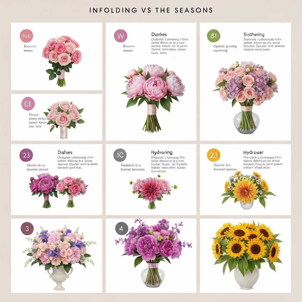 A visual grid infographic comparing wedding flowers by season including roses, peonies, dahlias, hydrangeas, and sunflowers