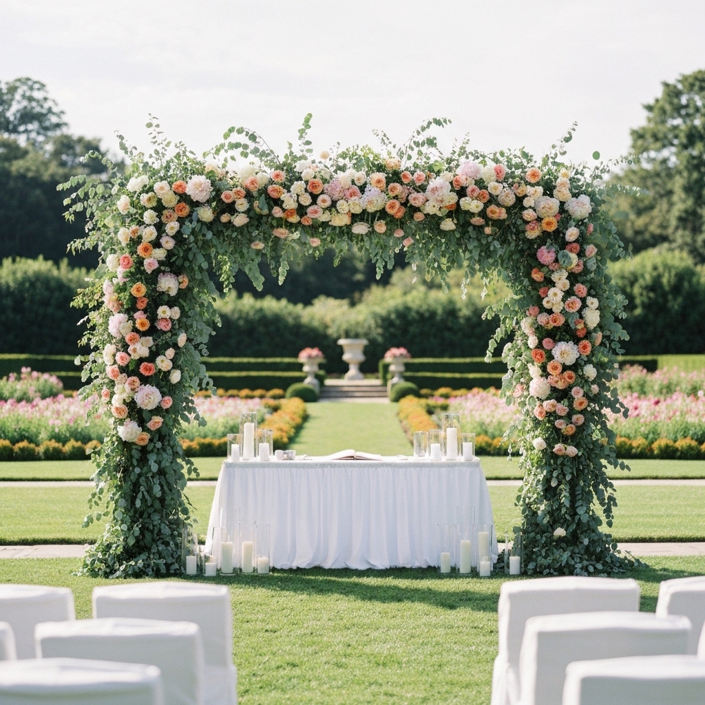 A stunning wedding ceremony scene with lush floral arch of garden roses, peonies, and eucalyptus framing the altar
