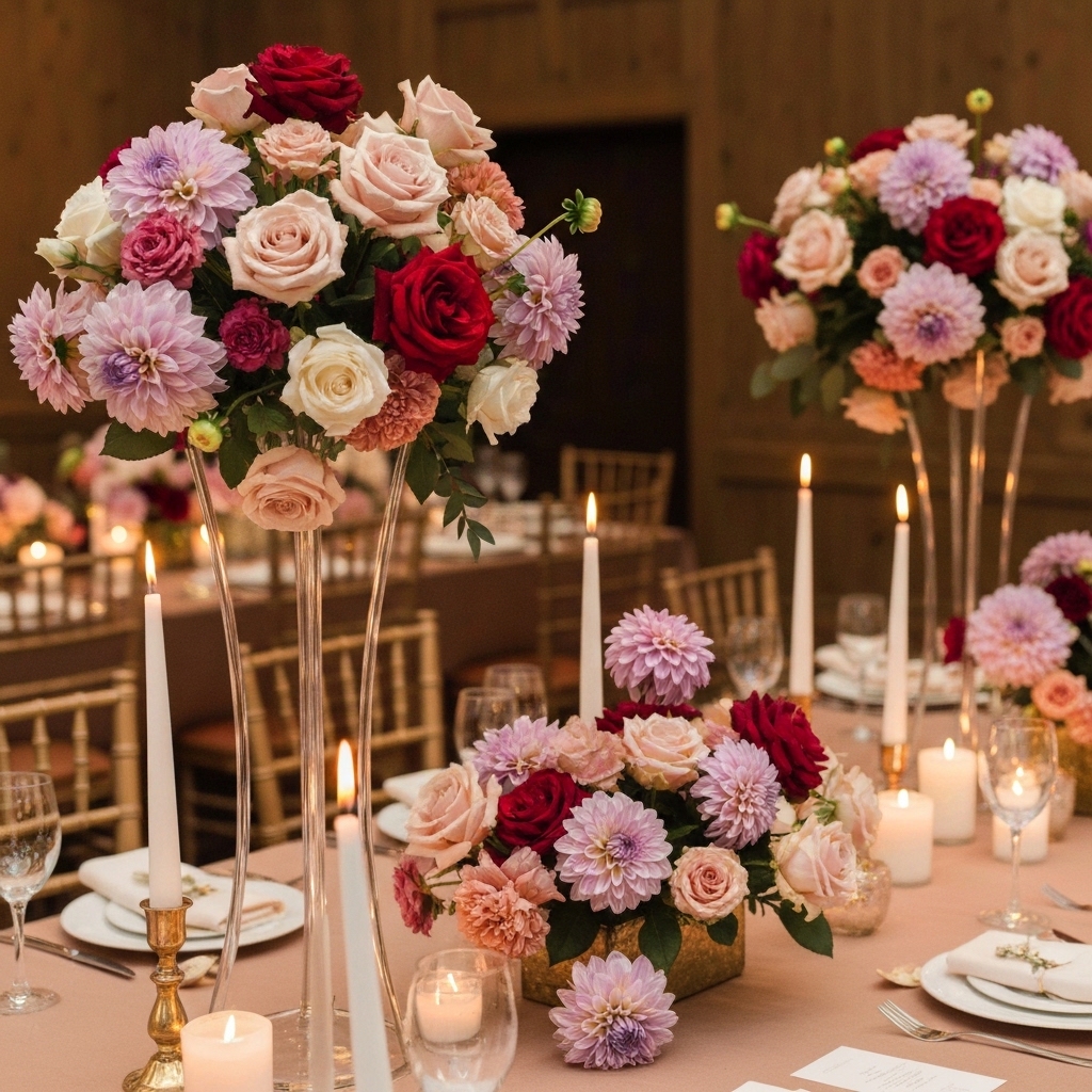 A beautifully styled wedding reception with mixed tall and low centrepieces featuring roses, dahlias, and tapered candles