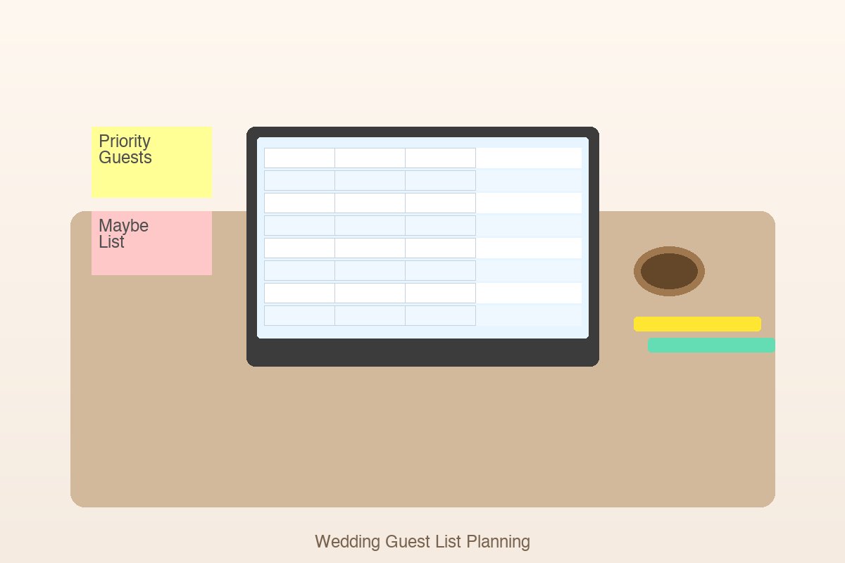 A couple reviewing their wedding guest list together at a dining table with a laptop and sticky notes