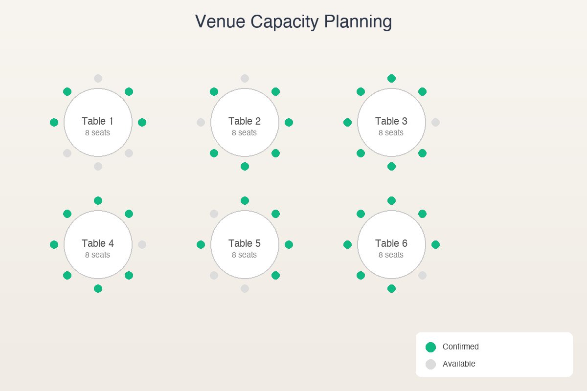 An elegant wedding reception setup showing table arrangements and seating capacity