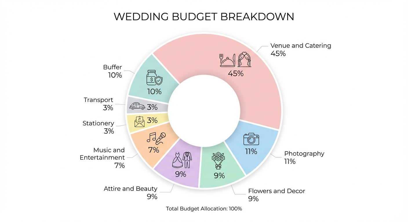 Wedding budget percentage breakdown by category infographic