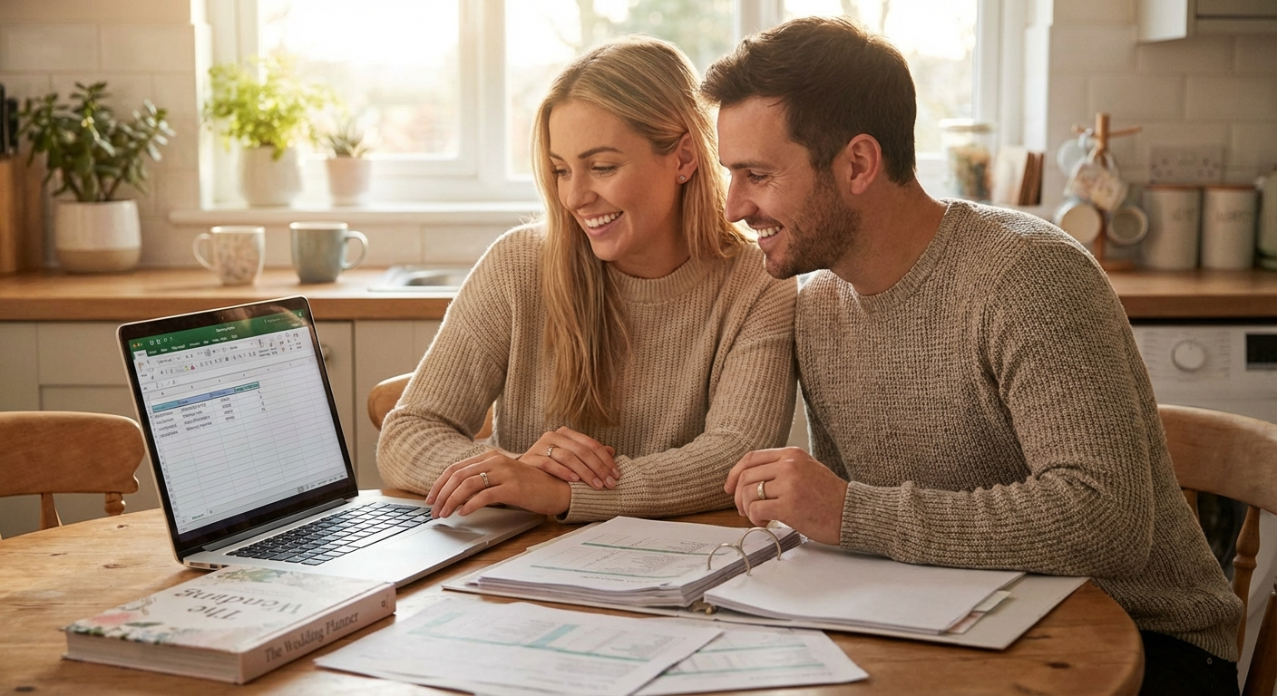 Couple using wedding budget calculator