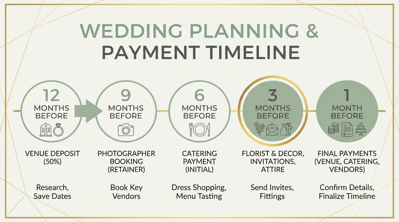 Wedding planning and payment timeline from 12 months to 1 month before the wedding