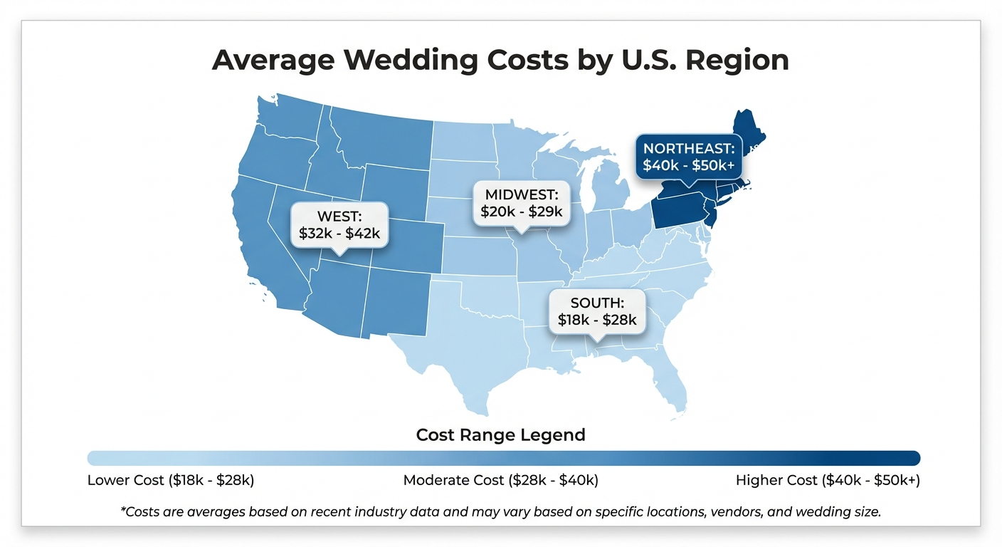 Wedding costs by US region map showing cost ranges by state