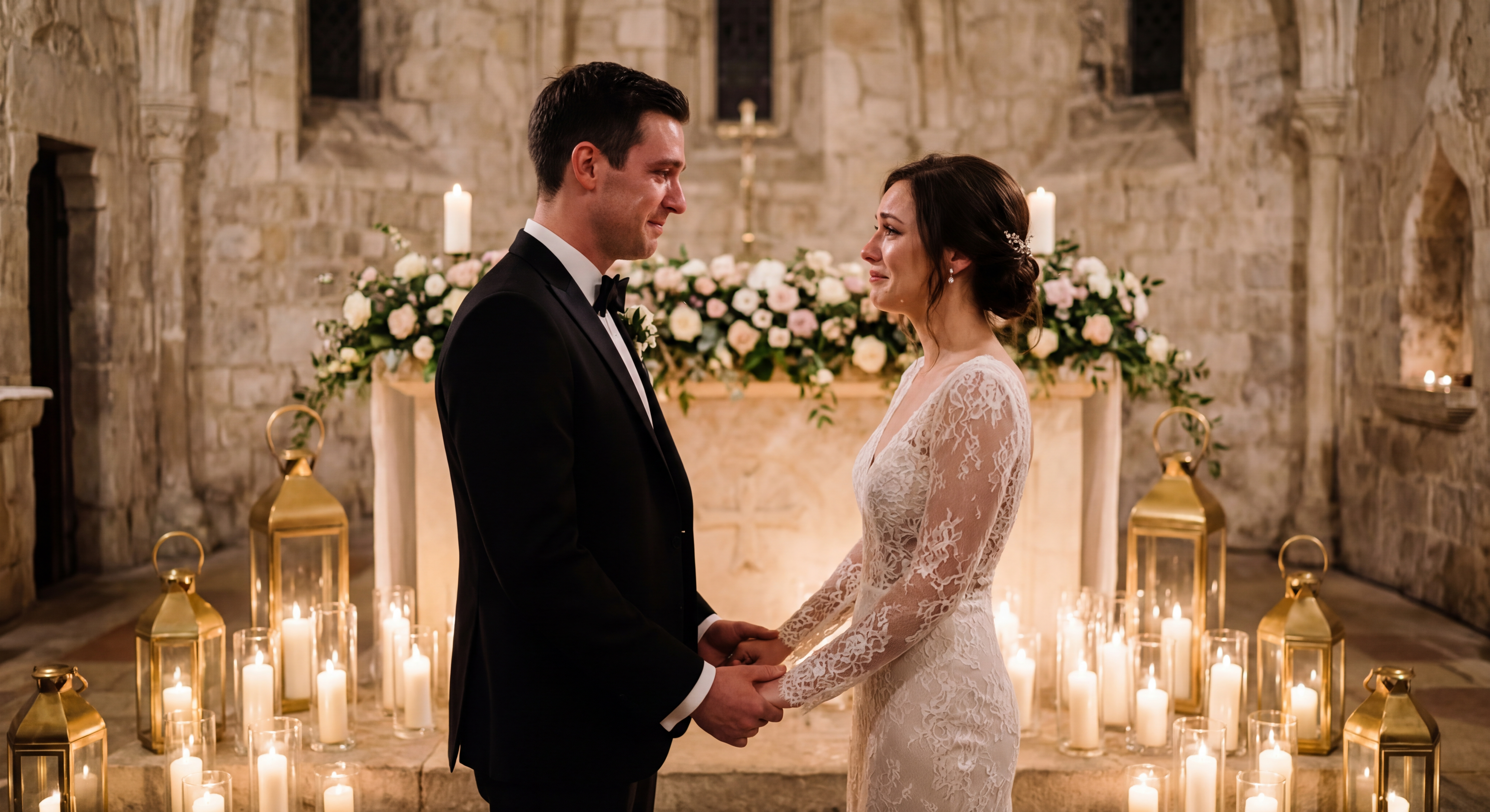 Couple exchanging vows at altar