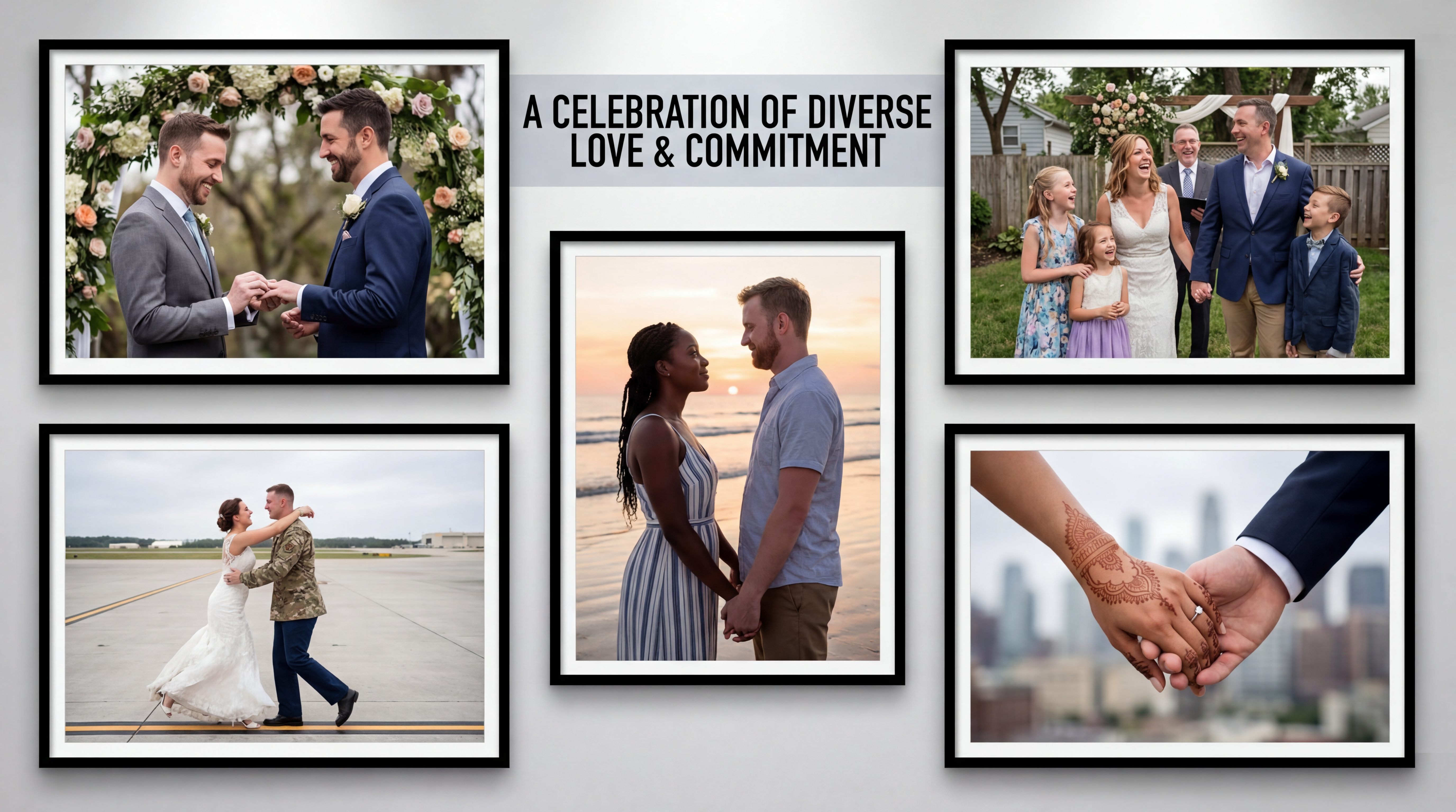 Diverse couples celebrating wedding vows